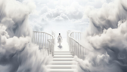 Fototapeta na wymiar Person in white dress on clouds in fantasy concept. AI generated