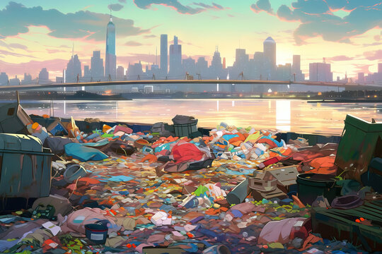 Trash piles by the city river against a modern cityscape at sunset, illustrating urban waste problem