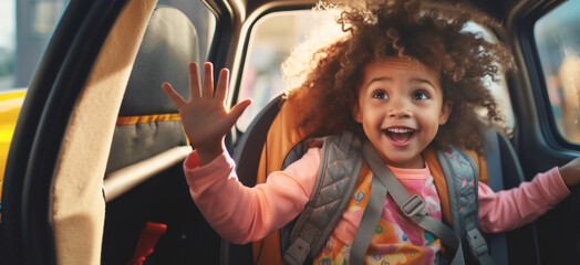 A girl sitting in her car seat inside a vehicle, arriving at school, happy and excited about going back to school and seeing her new friends, back to school concept ,copy space