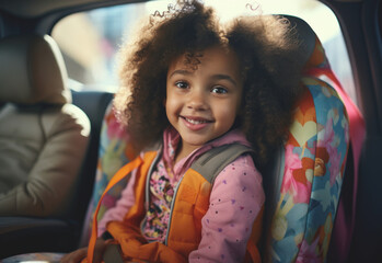 A smiling child in their car seat, ready to go back to school and reunite with their friends, back to school concept - obrazy, fototapety, plakaty