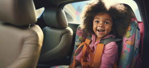 The excitement of a child in their car seat, eager to go back to school and reunite with their friends, back to school concept, copy space - obrazy, fototapety, plakaty