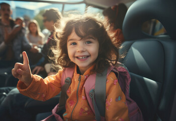 The excitement of a girl in her car seat, anxious to go back to school and meet her new friends, back to school concept