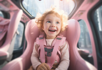 The joy of a girl in her car seat, excited to go back to school and reunite with her new friends, back to school concept - obrazy, fototapety, plakaty