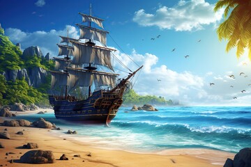 Sailboat on tropical island. Ai art