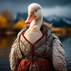 Medieval lady goose possing in the river. Created with generative Ai technology