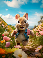Cute bunny runs over the field in springtime. Ai technology