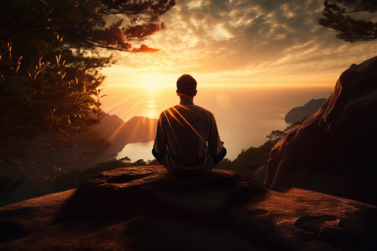 Man in the lotus position at sunset. Generative AI