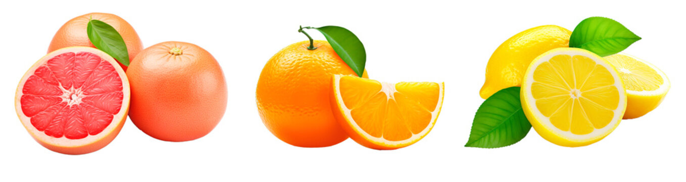 Grapefruit, orange and lemon fruits over isolated transparent background