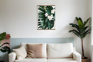 Wooden poster blank frame mockup over white wall with flowers in vase, armchair and tropical plants, blank vertical frame