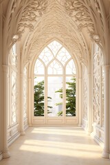 Interior Design of a Huge Mansion with the Style of a Monaster, Some Vegetation and Plants. Generative AI.