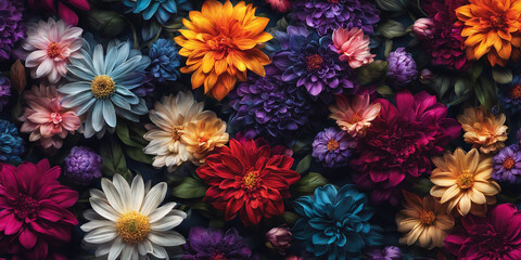 Fototapeta premium Colorful background of many bright flowers of different types. Nature illustration. Generative AI