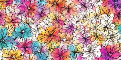 Fototapeta premium Background of many painted flowers. Nature illustration. Generative AI