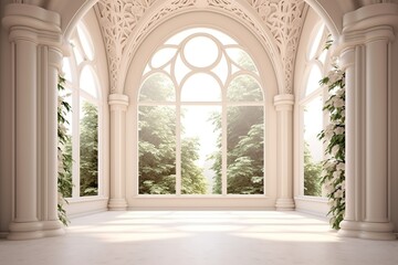 Interior Design of a Huge Mansion with the Style of a Monaster, Some Vegetation and Plants. Generative AI.
