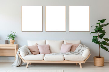 Aesthetic living room in soft tones with three canvas with transparent background for copy space