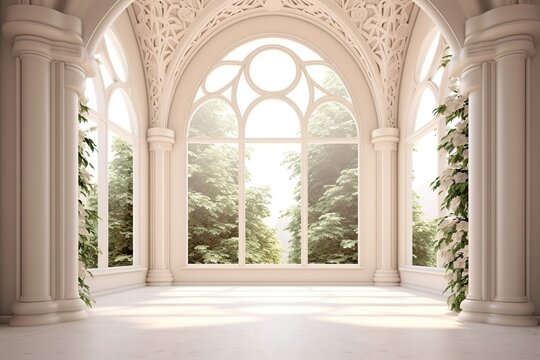 Interior Design of a Huge Mansion with the Style of a Monaster, Some Vegetation and Plants. Generative AI.