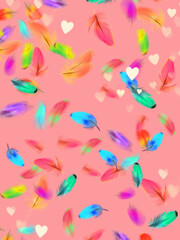 Fototapeta na wymiar pink background with colorful falling feathers