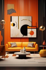 Beautiful Interior Design of a Colorful Orange and Yellow Living Room. High Contrast Colors.