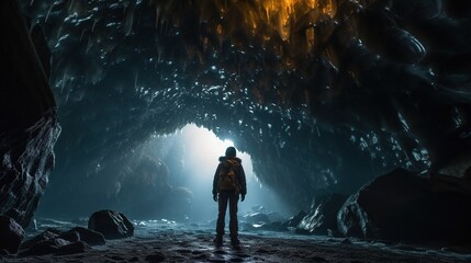 Fototapeta premium Insane Shot of an Ice Cave with a Guy Exploring the Area.