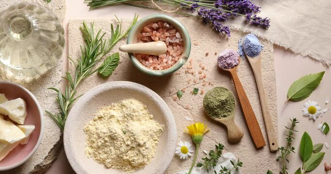 Different natural cosmetic ingredients with fresh herbs