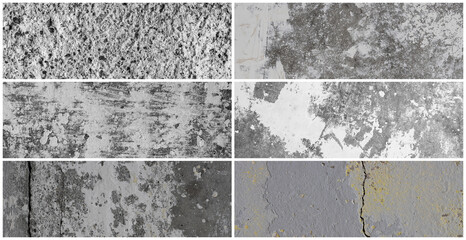Texture set of old cracked concrete walls. Rough gray concrete surfaces. Collection of panoramic backgrounds for design.
