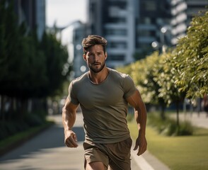 Man running, jogging outside in the park in summer weather. Sport, exercise 