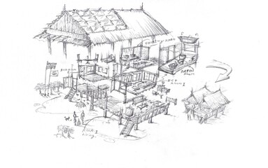 Tropical house cutaway drawing by pencil.