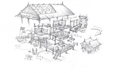 Fototapeta premium Tropical house cutaway drawing by pencil.
