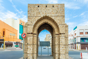 Arch of ancient Bab Sharif Gate on the street of Al-Balad, Jeddah, Saudi Arabia