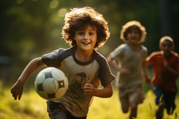 Running, sports with children and soccer ball on field for training, competition. Game, summer and action with football player