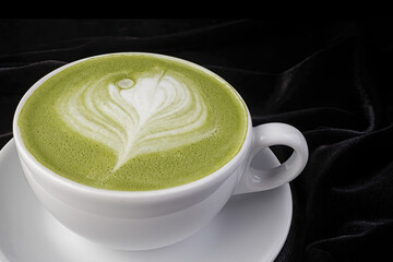 Patterned pistachio cappuccino in a white cup