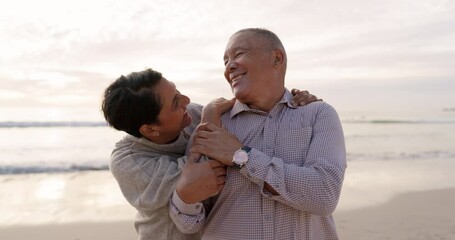 Hug, beach and senior couple with love, sunset and happiness with retirement, quality time and marriage. Romance, happy elderly man or old woman embrace, seaside vacation and adventure with a journey