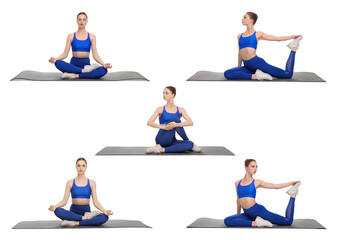 Young woman practicing yoga on white background. Collage with different asanas