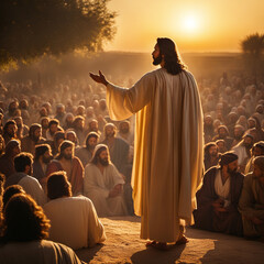 Jesus speaking to crowd at sunset - obrazy, fototapety, plakaty