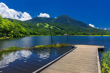 長野県・立科町 夏の蓼科山と女神湖の桟橋の風景