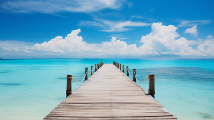 Serene Wooden Pier Beneath a Blue Scattered Cloudy Sky