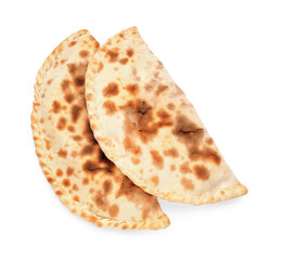 Delicious calzones on white background, top view
