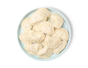 Fototapeta na wymiar Plate of delicious dumplings (varenyky) isolated on white, top view
