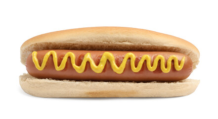 Delicious hot dog with mustard on white background