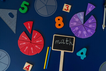Colorful math fractions, numbers, letters on blue background. Interesting, fun, creative mathematics for kids. Education, back to school concept. Mathematical background