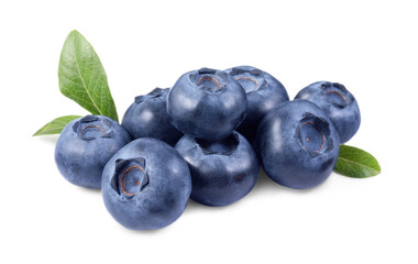 Pile of fresh ripe blueberries and leaves isolated on white