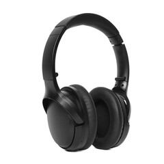Modern black wireless headphones isolated on white