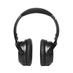 Modern black wireless headphones isolated on white