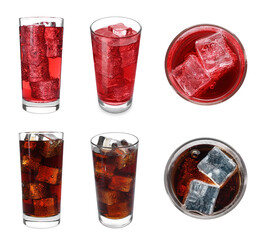 Tasty refreshing soda drinks with ice cubes on white background, top and side views. Collage design