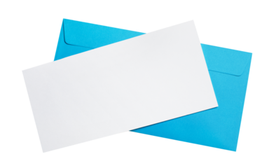 Blank white paper on a blue envelope, cut out