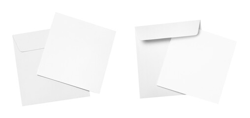 Set of white square envelopes with blank papers, cut out