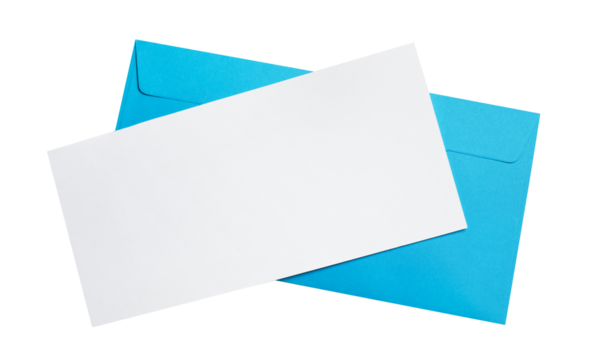 Blank white paper on a blue envelope, cut out