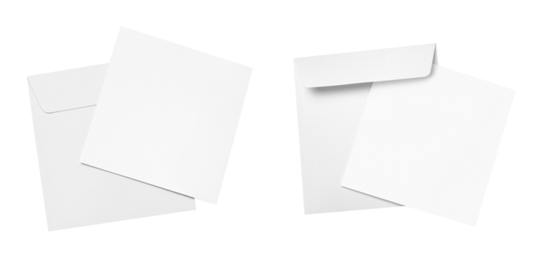 Set of white square envelopes with blank papers, cut out