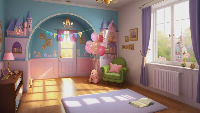cute and funny children's room with aesthetic pastel colors. Cartoon or anime illustration style. seamless looping 4K time-lapse virtual video animation background.