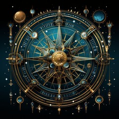 A circular gold astrology symbol with dark night background. Generative AI. 