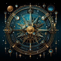 Obraz premium A circular gold astrology symbol with dark night background. Generative AI. 